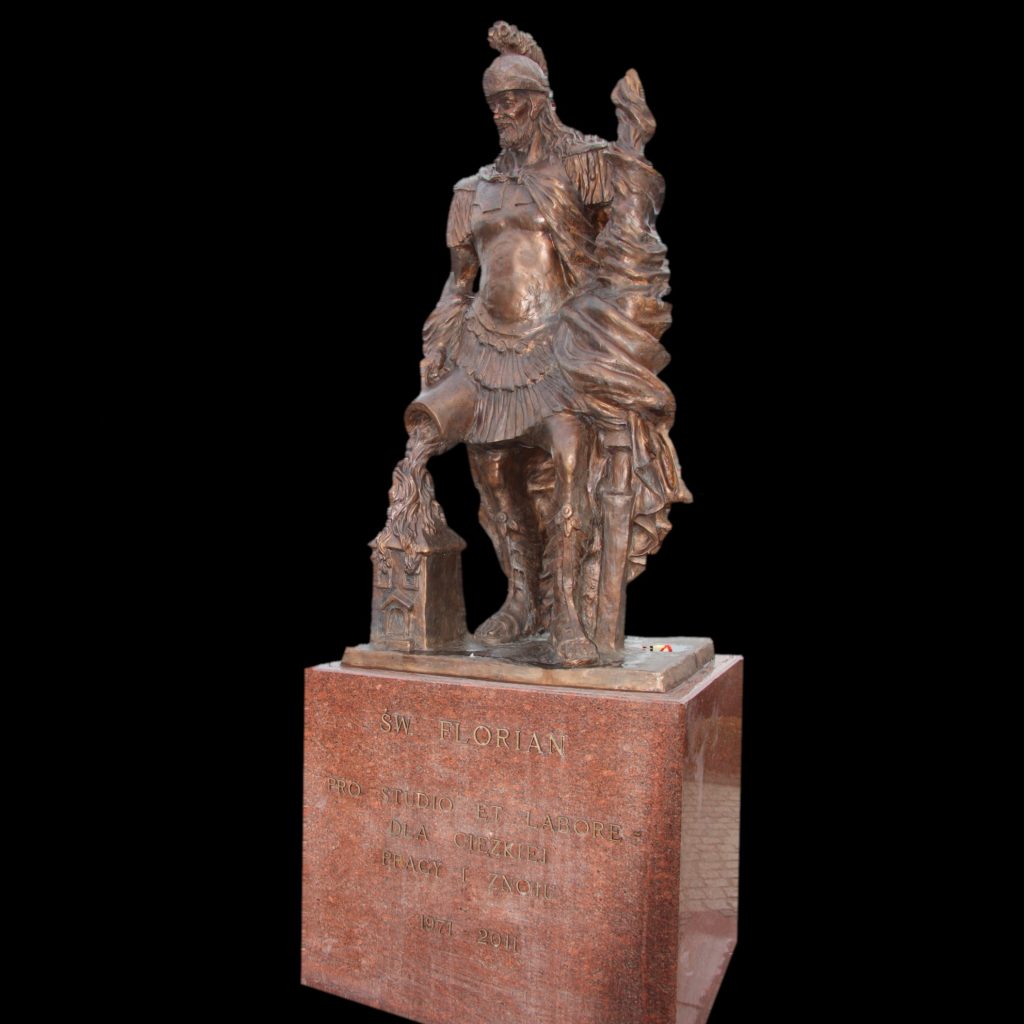 The monument of Saint Florian, sculpture made od bronze, big sculpture, bronze sculpture of saint florian, saint florian made of bronze